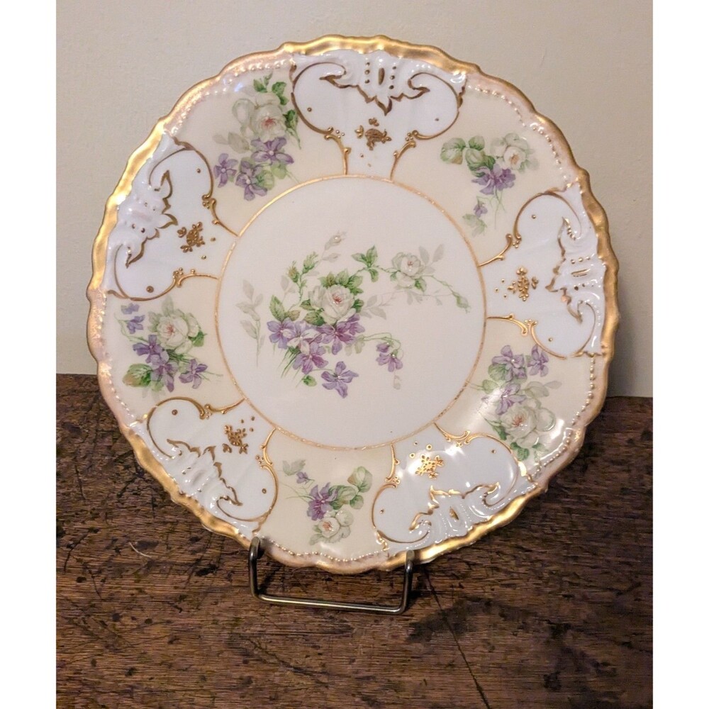 Limoges Blakeman & Henderson 8.75" Plate Hand Painted Violets Roses Gold